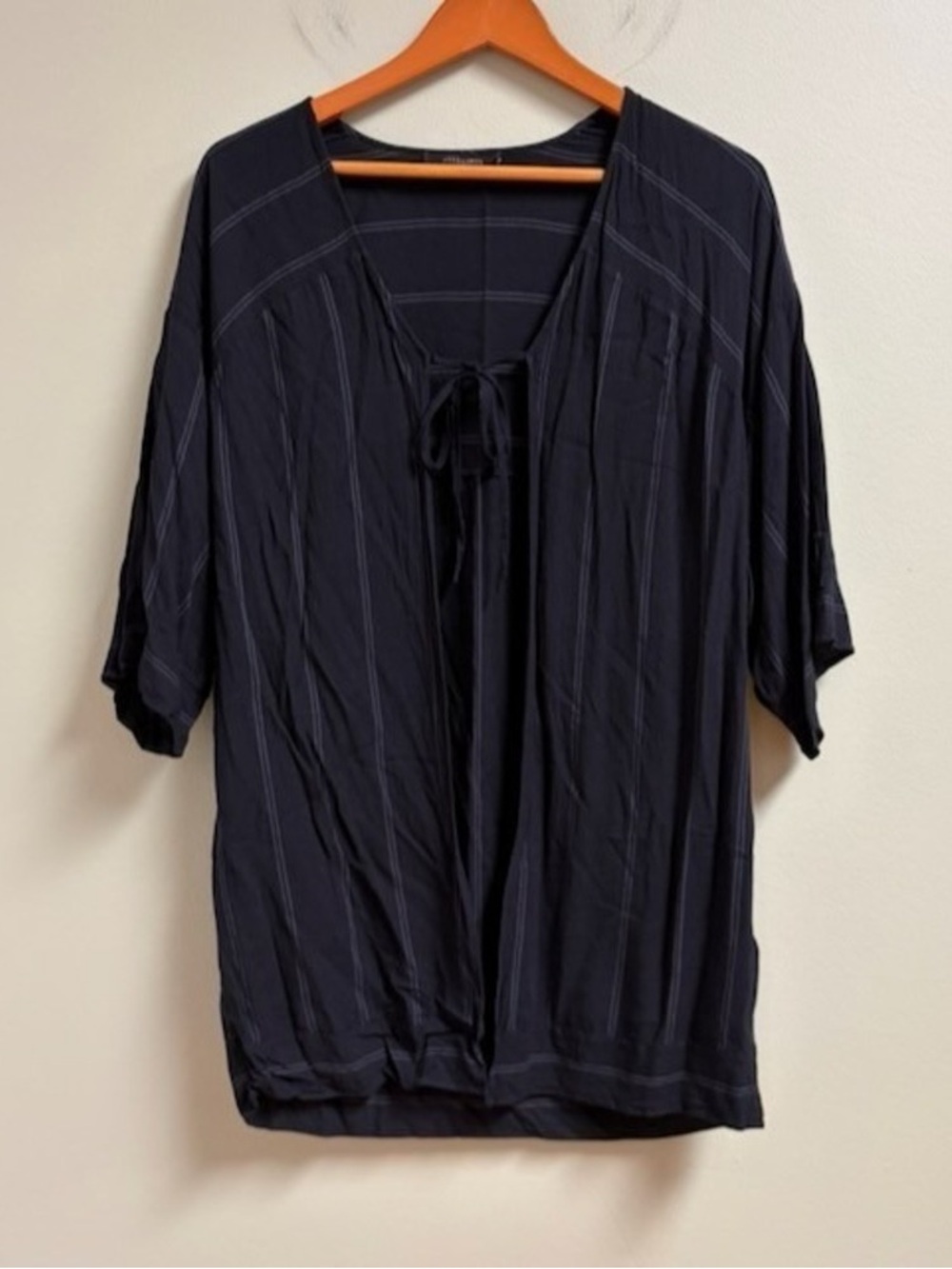 All Saints Black Navy Pinstripe Tie-Front Midi Dress